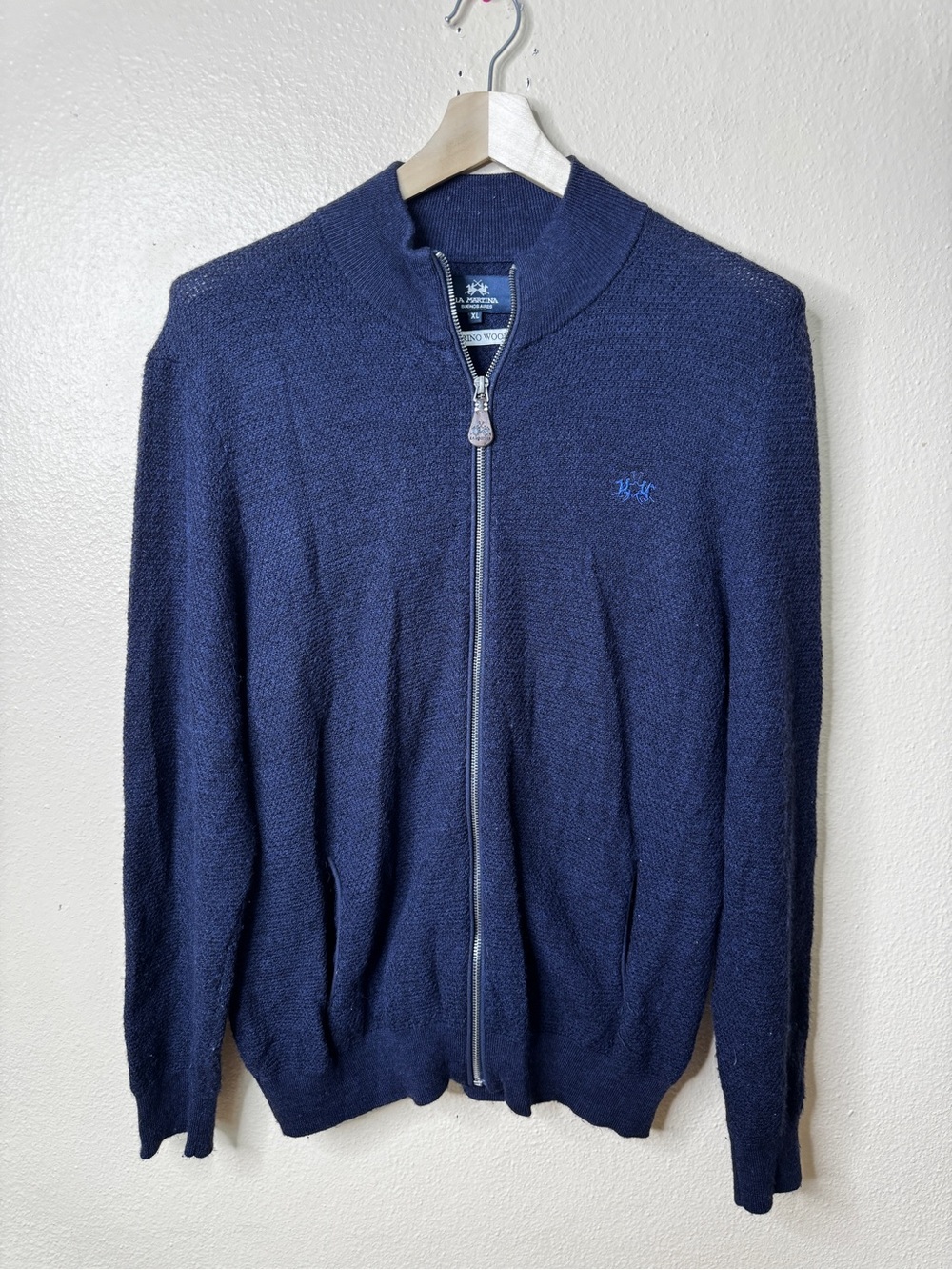 La Martina Mens XL Full Zip Cardigan Sweater Navy 100% Merino Wool Logo